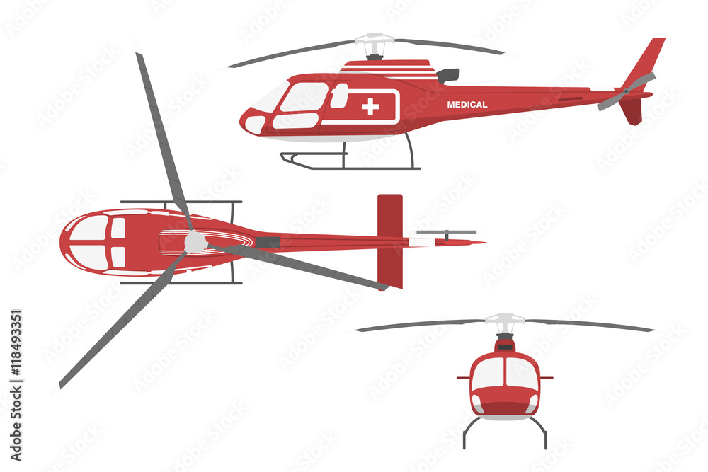 Medical helicopter in flat style on white background. Front view Medical helicopter in flat style on white background. Front view