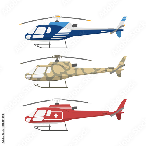 Civil , military and medical helicopters . Side view