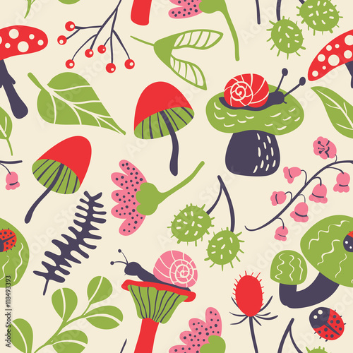 Fototapeta Naklejka Na Ścianę i Meble -  Nature seamless pattern with mushroom, ladybird, snail, flower a