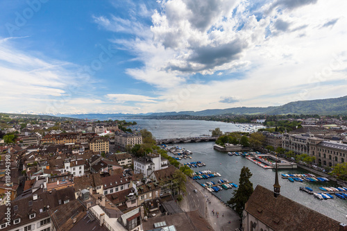 Aerial view of Zurich old town and lake