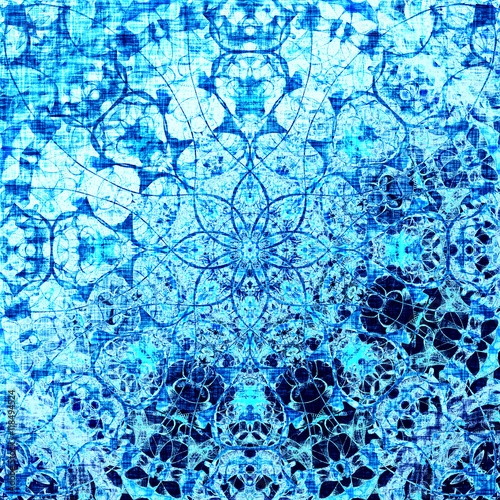 Cold blue indian pattern, floral oriental circle with tribal traditional elements. Luxury Christmas texture, frozen snowflake. Boho textile background, oriental ethnic carpet
