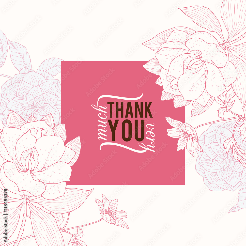 Obraz premium Vector Vintage Pink Square Frame Floral Drawing Wedding Invitation Thank You Card With Stylish Flowers and Text In Classic Retro Design.