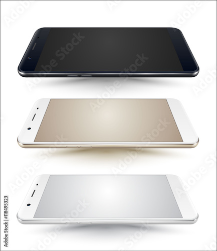 Smartphone mockups perspective collection Black Gold White. Vector illustration.