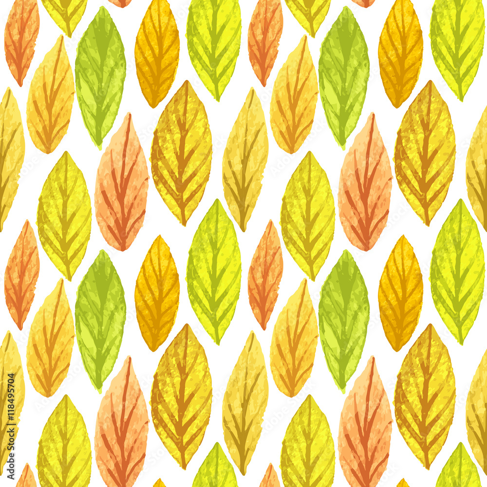 Fototapeta premium Colorful autumn leaves seamless pattern. Watercolor painting texture. Vector illustration