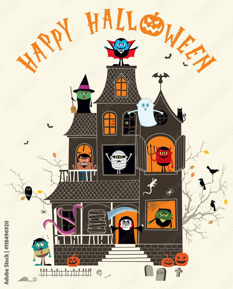 Fototapeta premium Haunted House / Halloween illustration with spooky haunted house full of monsters. 