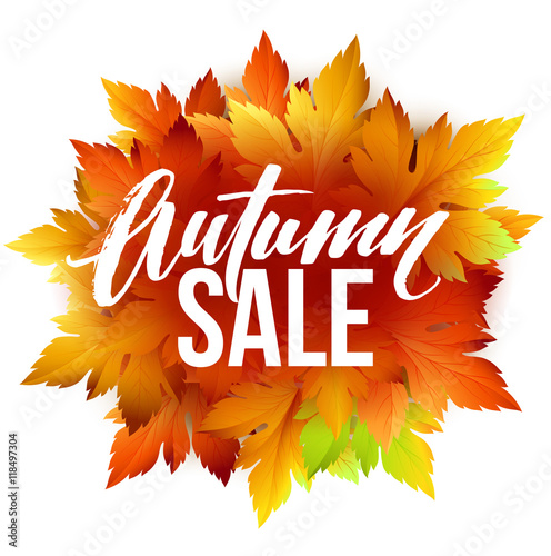 Autumn sale lettering design. Fall leaf. Label, banner template. Vector illustration
