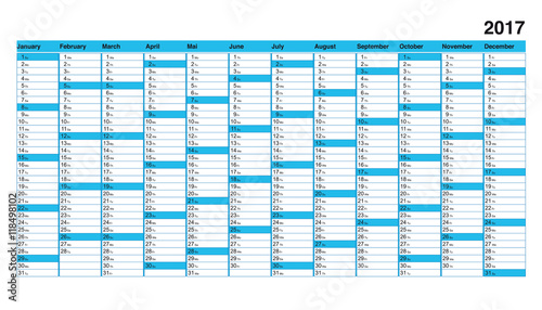 basis Kalender 2017 Vorlage, blaue Felder für Sonntag