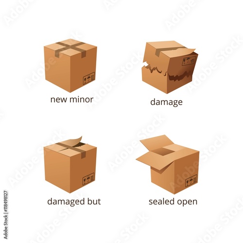 Vector boxes in different States. Damaged and whole boxes