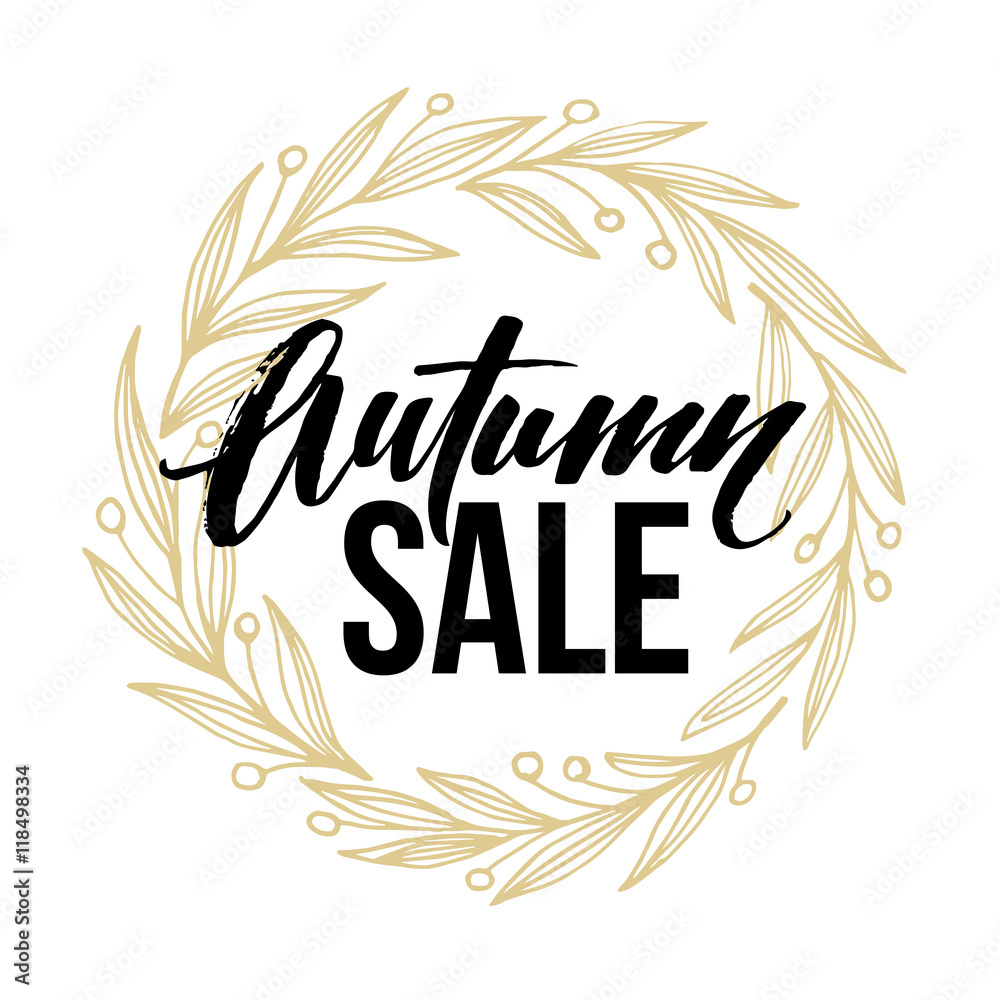 Frame with autumnal round full leaves wreath and Autumn Sale Lettering. Vector illustration Frame with autumnal round full leaves wreath and Autumn Sale Lettering. Vector illustration