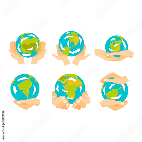 People holding earth. globe in hands concept of happy earth day eco friendly, help ecology, future life, natural. Earth in hands isolated on black background modern design vector conept