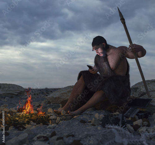 primitive man siting on the stone with smartphone concept illustration