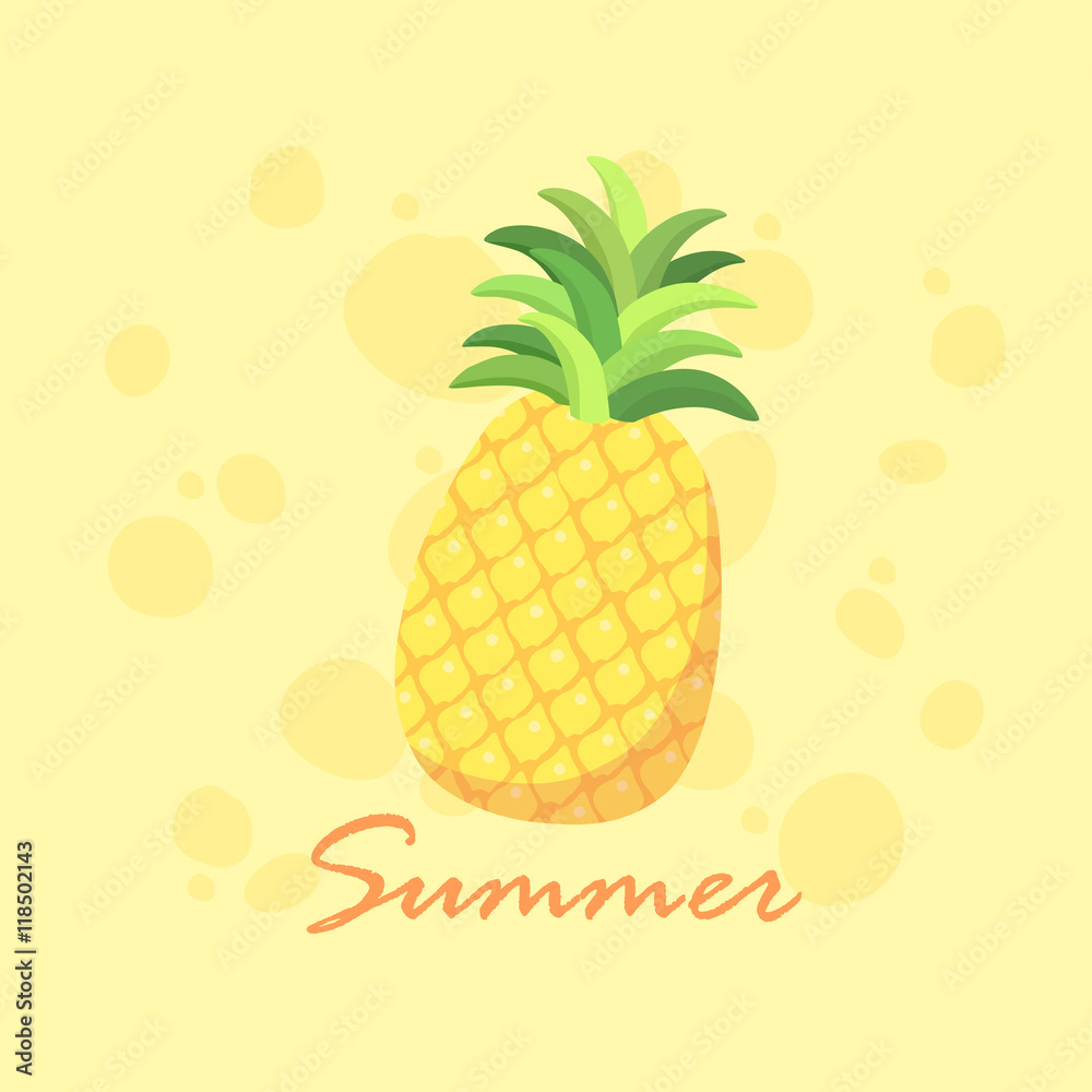 Pineapple fruit vector illustration on yellow background.