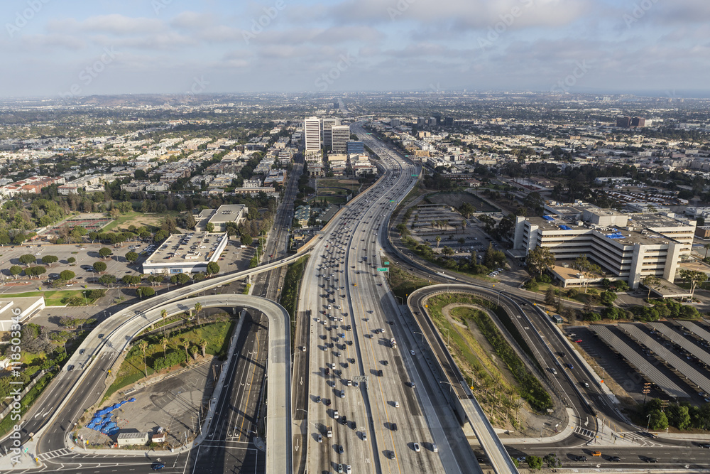 Aerial of the San Diego 405 Freeway in West Los Angeles