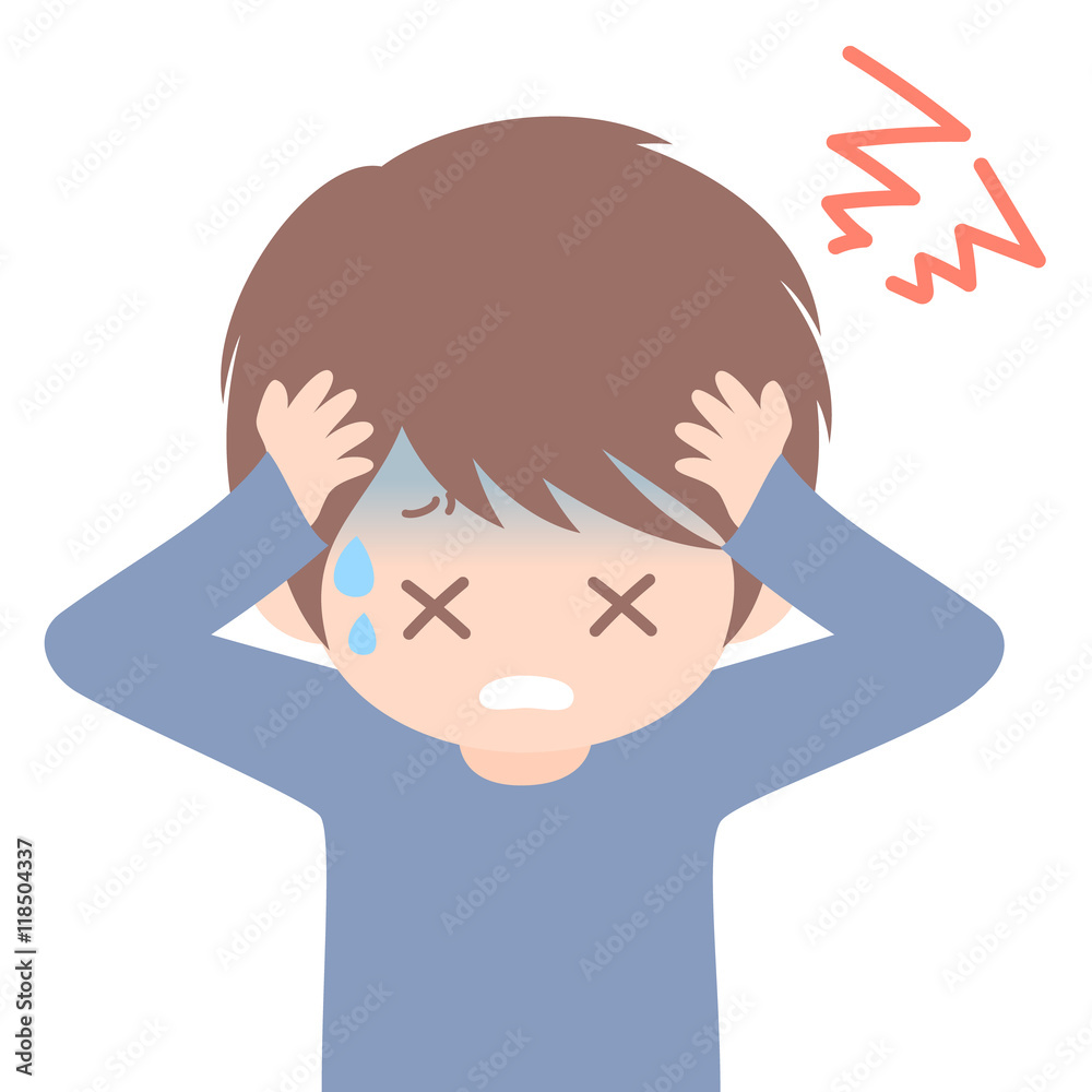 頭痛で青ざめ頭を抱える男性イラスト素材 白背景 Stock Illustration Adobe Stock