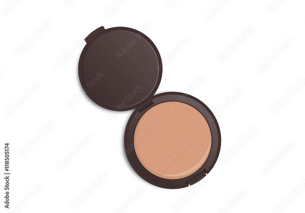Makeup powder nude color in dark brown powder case which opened isolated on white background. Makeup powder nude color in dark brown powder case which opened isolated on white background.
