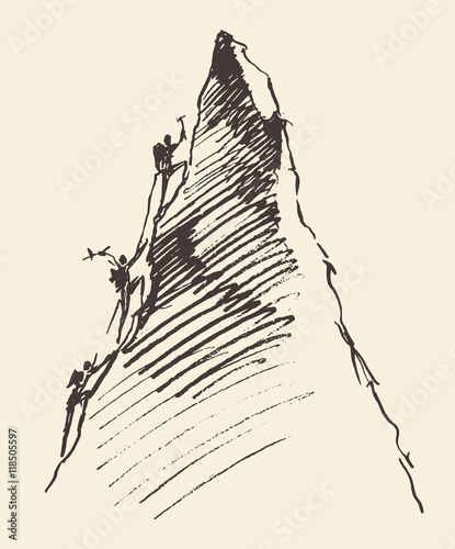 Sketch people climbing mountain peak vector.