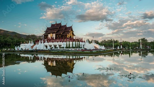 Day to night timelapse of Royal Flora temple - ratchaphreuk - in Chiang Mai, Thailand photo