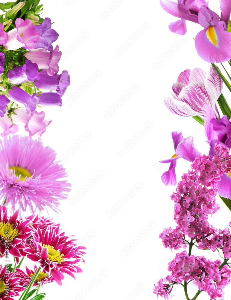 Frame of different flowers with space for text on white background.