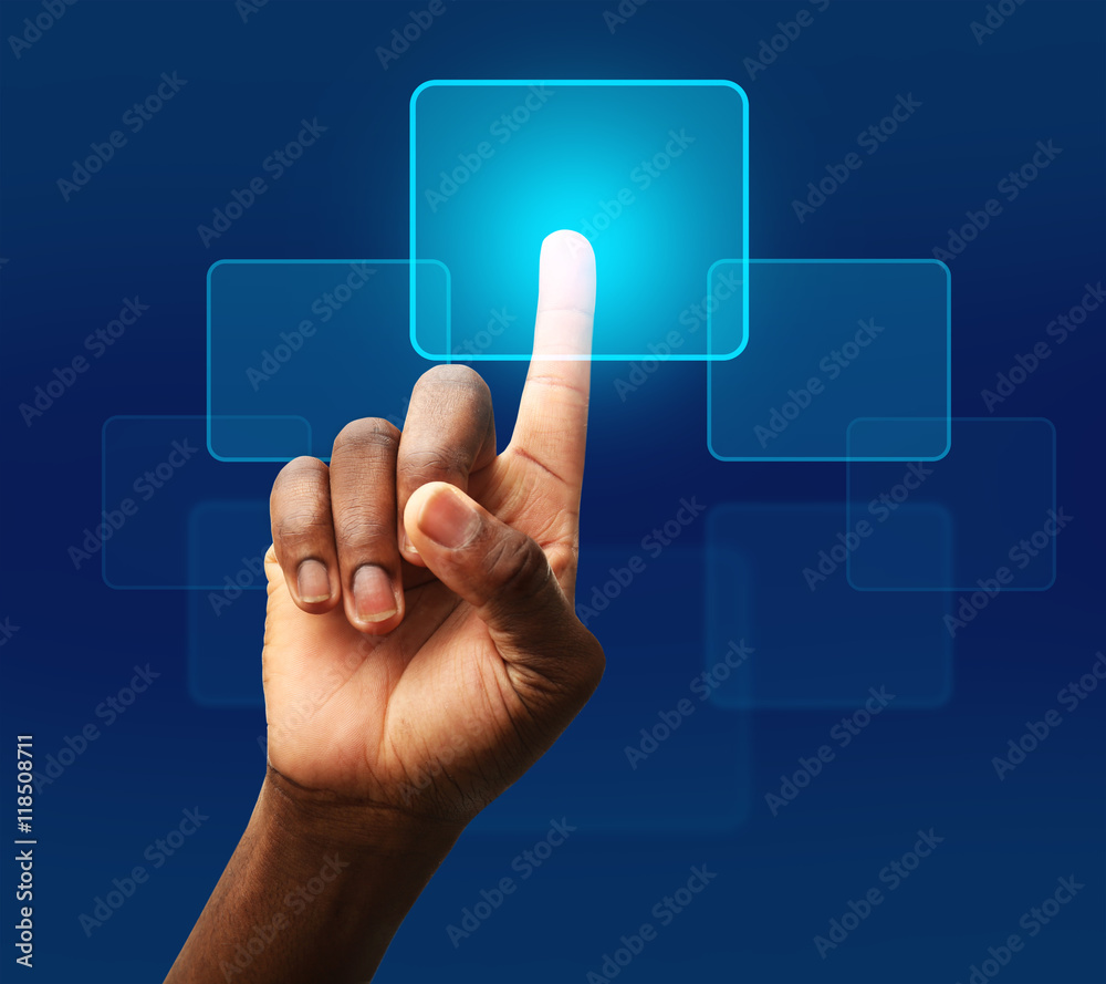 Male hand pushing button on virtual screen. Innovative technology concept. Male hand pushing button on virtual screen. Innovative technology concept.