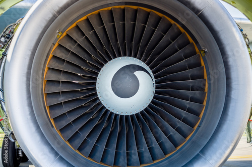 Turbofan jet engine close up.