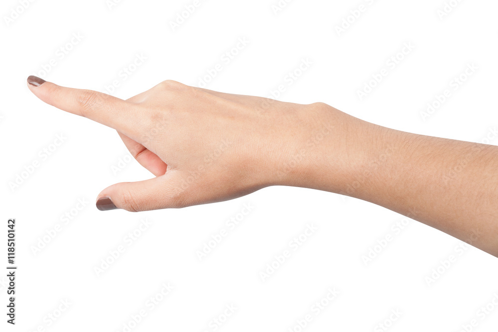 Woman hand touching virtual screen. Isolated on white background Woman hand touching virtual screen. Isolated on white background