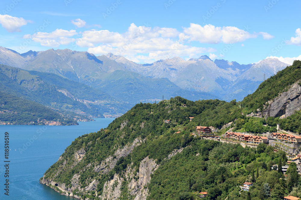 Mountain panorama at Lake Como and village Varenna in Lombardy, Italy