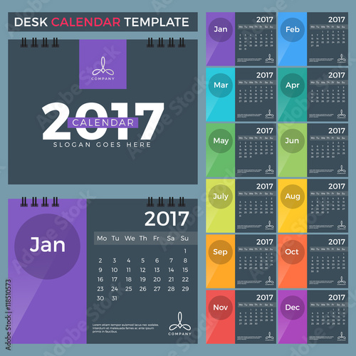 Calendar 2017 Vector template.Colorful Desk Monthly calendar template
