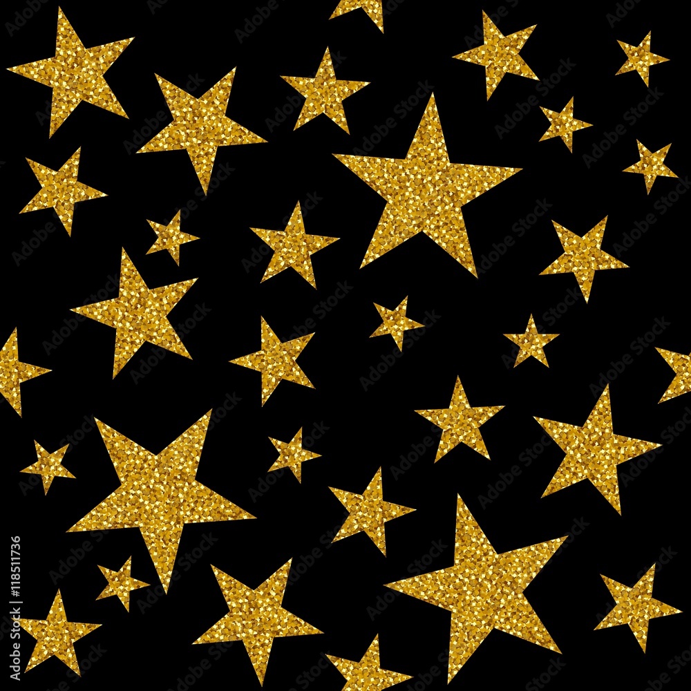 Fototapeta premium Seamless pattern with gold stars on black background. Vector illustration.