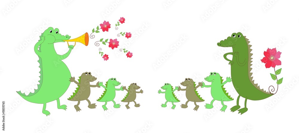 Fototapeta premium Cute crocodile family - mother, father and six kids. Childish vector illustration.