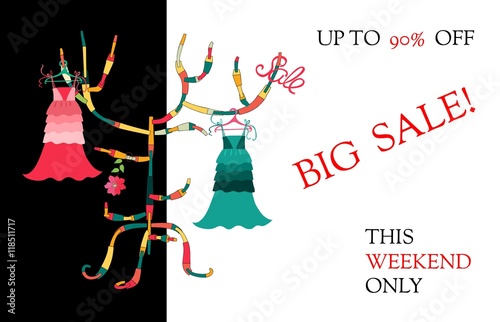 Big sale. Summer female dresses on colorful hanger. Fashion vector illustration.