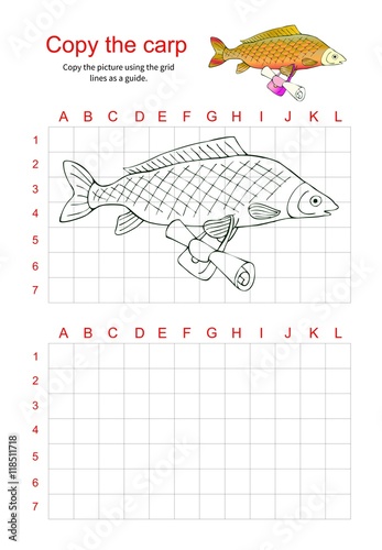 Grid copy puzzle - the picture of fish carp with bag. Educational game for ch...