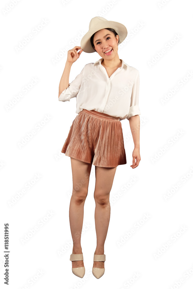 Beautiful woman with smile face wearing stylish hat isolated on white backg Beautiful woman with smile face wearing stylish hat isolated on white backg