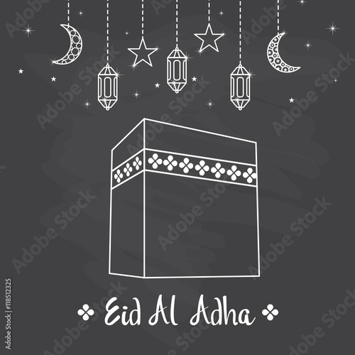 vector doodle kaaba and ornament lantern for greeting 