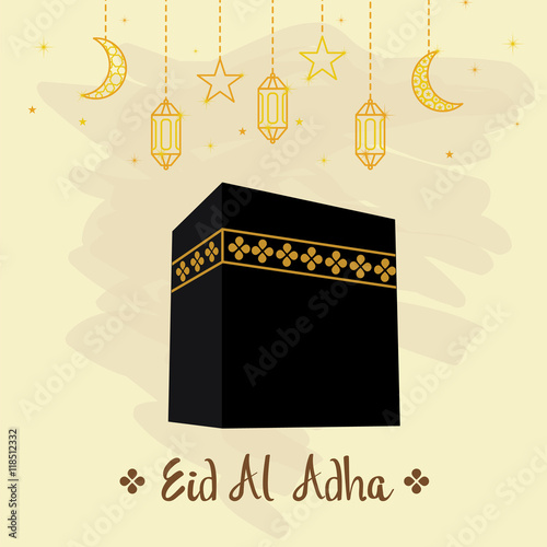 Hajj greeting card template with kaaba and lantern decoration in vector design