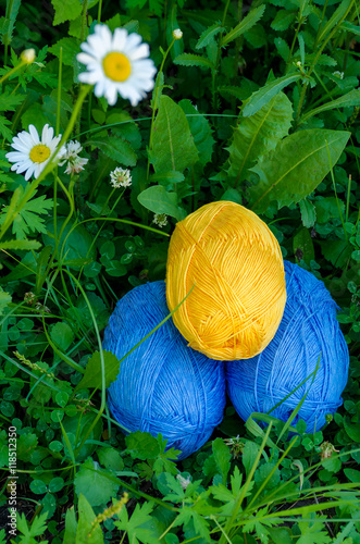 three cotton yarn skeins lying on the green grass