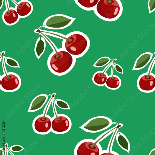 Pattern of red big cherry stickers different sizes with leaves on green background