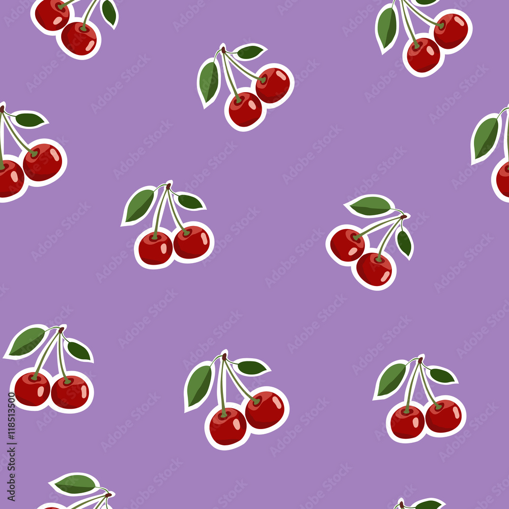 Pattern of red small cherry stickers same sizes with leaves on purple background Pattern of red small cherry stickers same sizes with leaves on purple background