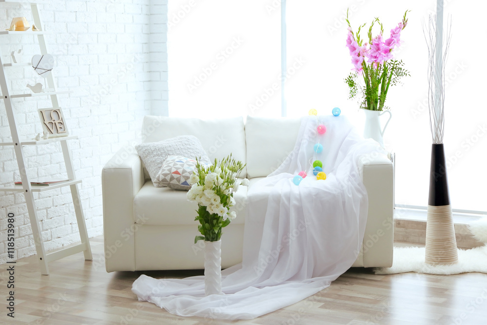 Contemporary interior with bouquet of flowers in vase Contemporary interior with bouquet of flowers in vase