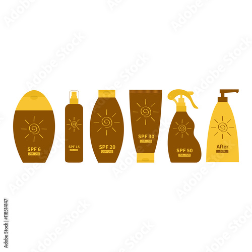 Tube of sunscreen suntan oil cream. After sun lotion. Bottle set. Solar defence. Spiral sun sign symbol icon. SPF 6 15 20 30 50 sun protection factor. UVA UVB sunscreen. White background. Flat