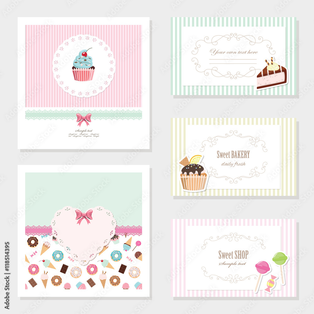 Cute card templates set. For sweet shop, bakery, scrapbook, birthday design. Cute card templates set. For sweet shop, bakery, scrapbook, birthday design.