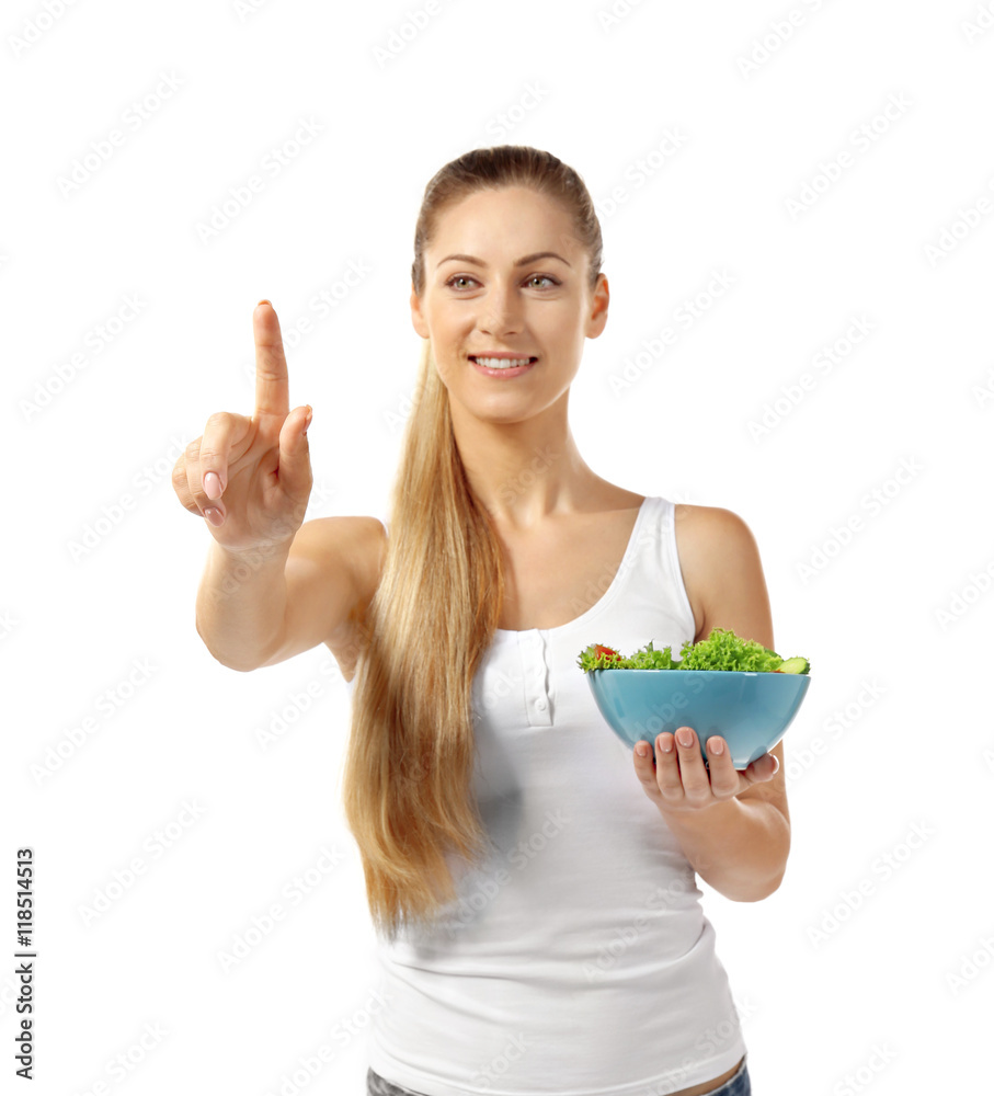 Beautiful girl with salad pointing finger, isolated on white Beautiful girl with salad pointing finger, isolated on white