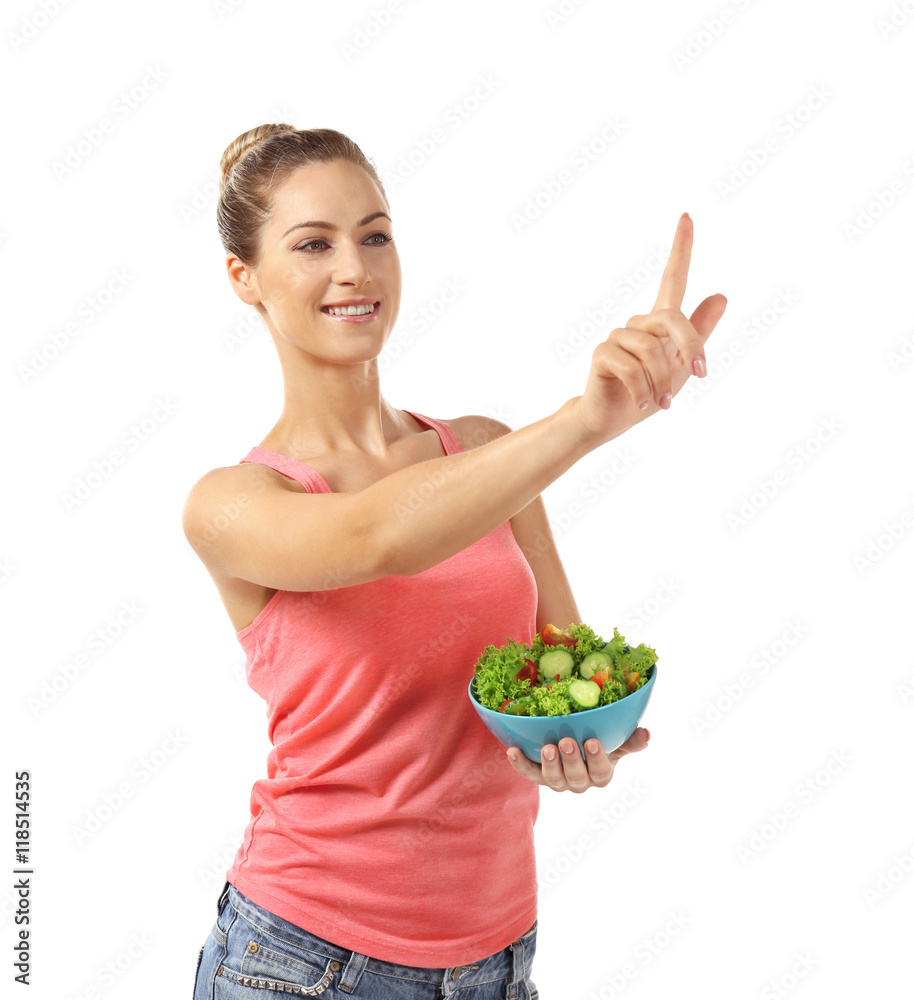 Beautiful girl with salad pointing finger, isolated on white Beautiful girl with salad pointing finger, isolated on white