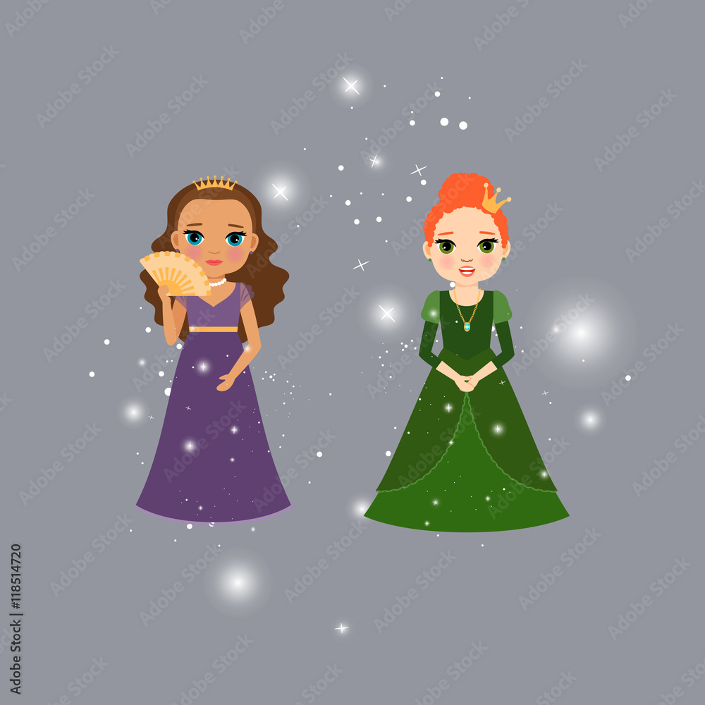 Beautiful princess characters with lights. Vector illustration