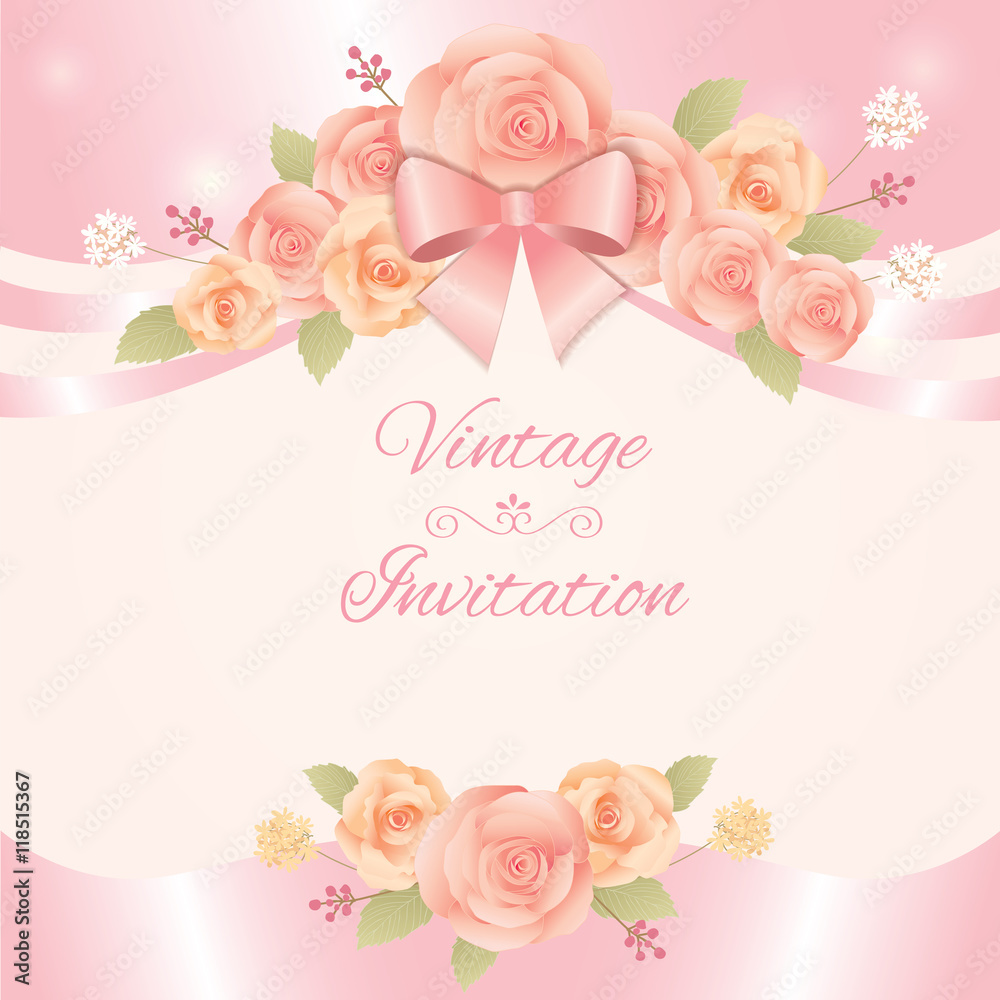 Vector for vintage flowers invitation card.Roses and ribbon  decoration for template.