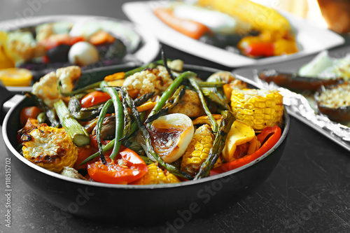 Grilled vegetables in frying pan, close up