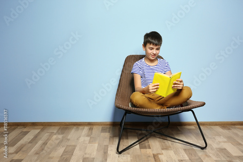 Cute boy reading book on bl...