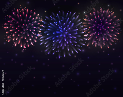 VECTOR eps 10. Glowing collection. 3 Violet and golden Firework, light effects isolated and grouped. Shining elements and stars.