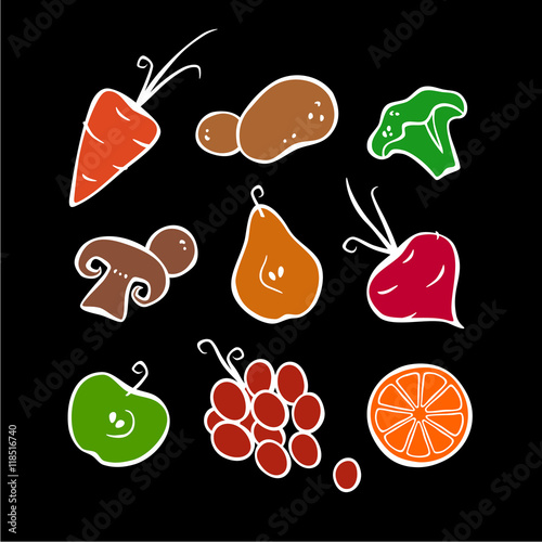 Vegetables, fruits and berries. Part 1. Colored. White outlines.