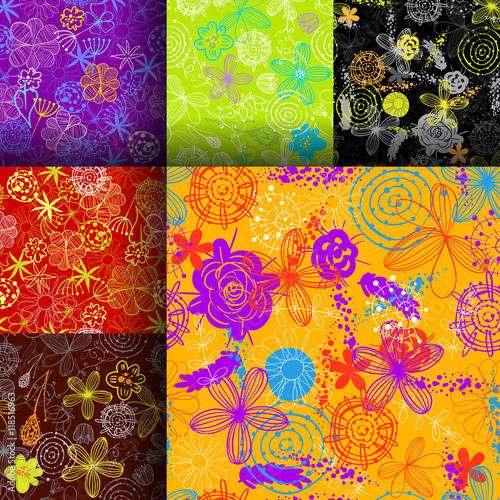 Set of seamless patterns with flower. Vector floral patterns in doodle style with flower and leaf. Spring backgrounds perfect for wallpaper, pattern fill, web page background, surface texture, textile