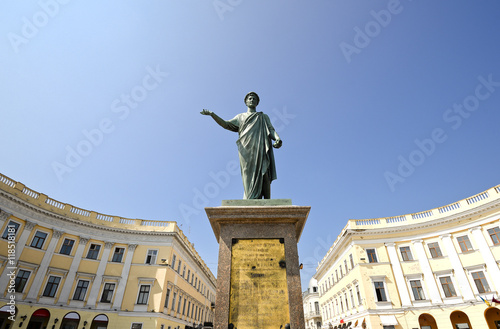 Historical monument to Duke of Richelieu in Odessa, Ukraine /Odessa, Ukraine: July, 2016. Historical monument to Duke of Richelieu in Odessa, Ukraine and clear blue sky background